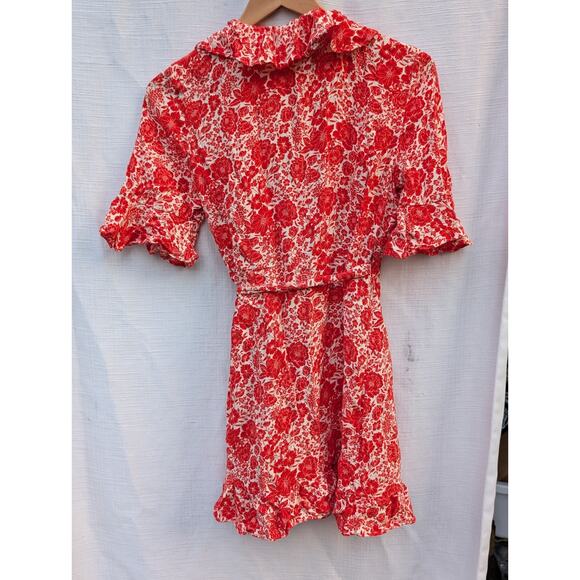 Topshop Womens Wrap Mini Dress 8 ruffle Red Floral Flutter Sleeve Feminine Boho - Picture 4 of 9